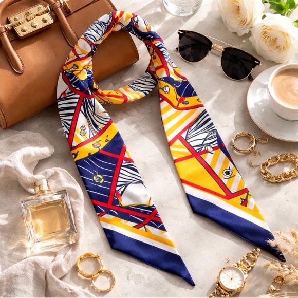 NAVY BLUE GOLD RED WHITE EQUESTRIAN HORSE SKINNY SCARF HANDBAG HANDLE WRAP TIE - Picture 2 of 6